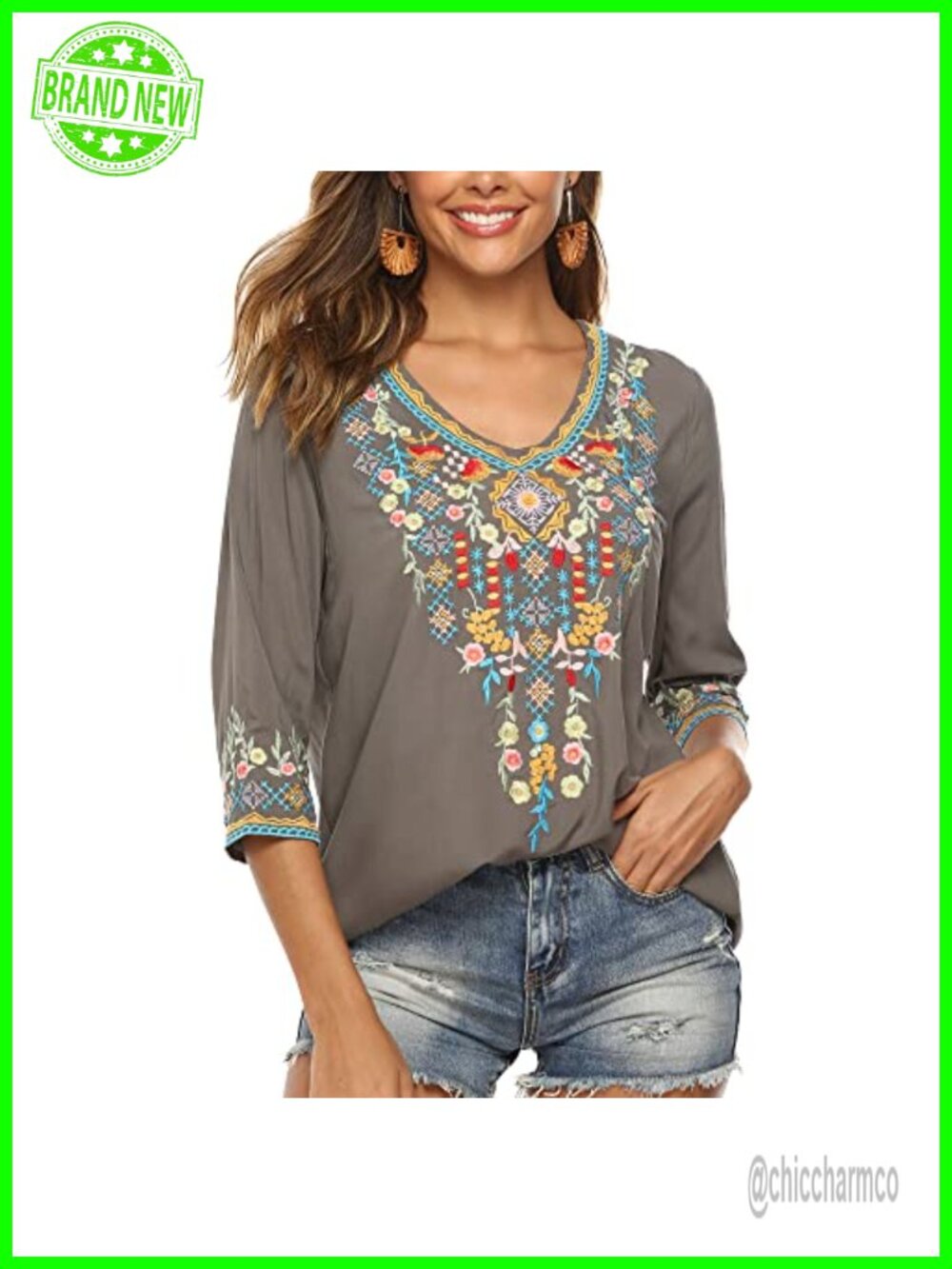 100% Rayon Embroidered Boho Peasant Blouse Floral Summer Top